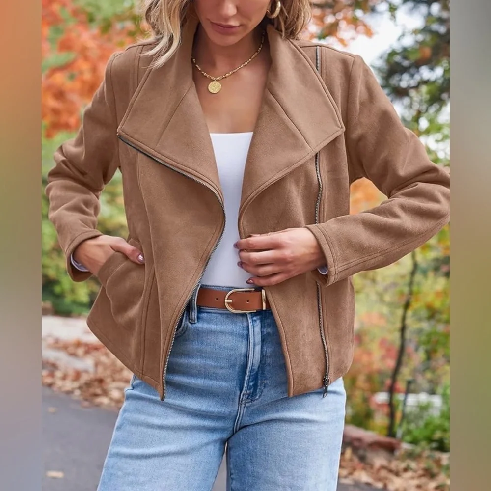 NWT AUTOMET Brown Faux Suede Moto Jacket | Size M | Asymmetrical Zip - Picture 2 of 11